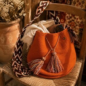 Wayuu Mochila Burnt Orange Crochet Crossbody Bag Geometric Strap Tassels Boho